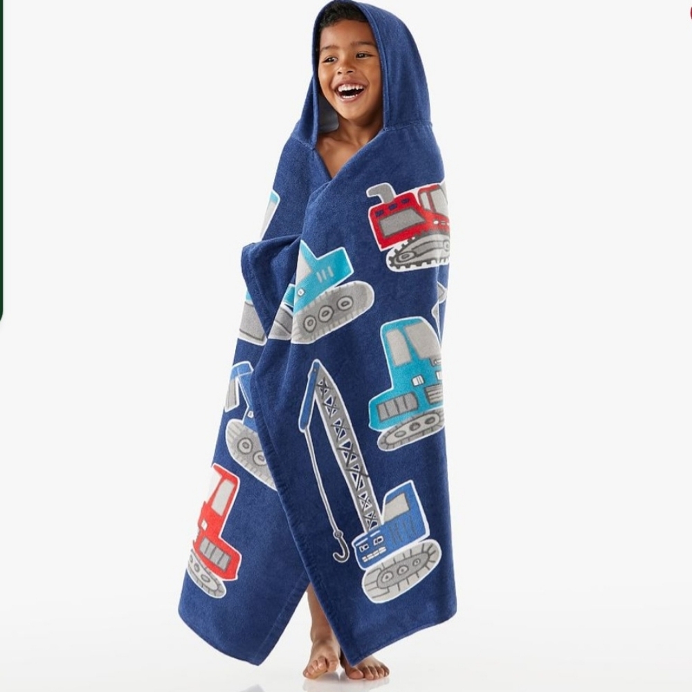Pottery Barn Kids Blue Construction Vehicle Hooded Towel